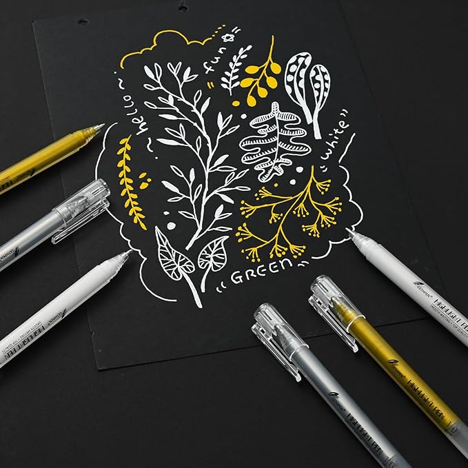 3 Colors Gel Pen Set - White,Gold and Silver Gel Ink Pens for Artists, White Gel Pen, White Ink Pen, White Pens for Black Paper, White Drawing Pens,White Pen for Artists Drawing