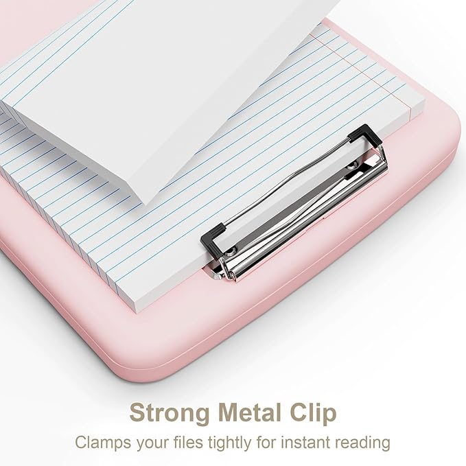 Piasoenc Clipboard with Storage, 8.5 x 11 Organization Box with Pen Holder and A4 Legal Paper Folder, Heavy Duty Plastic, Folio & Side-Opening, Low Profile Clip for Nurses, Teachers, Pink