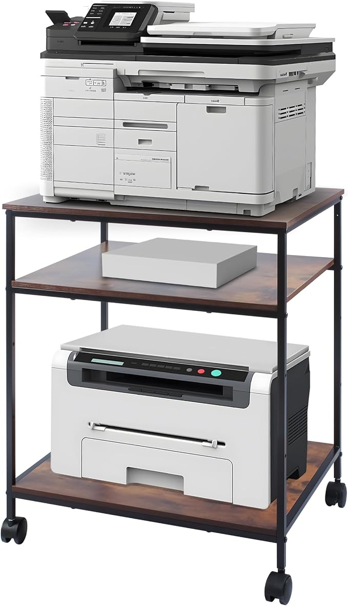 EMERIT 3-Tier Printer Stand for Laser/Inkjet/All-in-One - 23.6x18.9x31.5 Heavy Duty Cart w/Adjustable Shelves & Lockable Wheels, Storage for Scanner/Fax/Supplies - Industrial Home & Office
