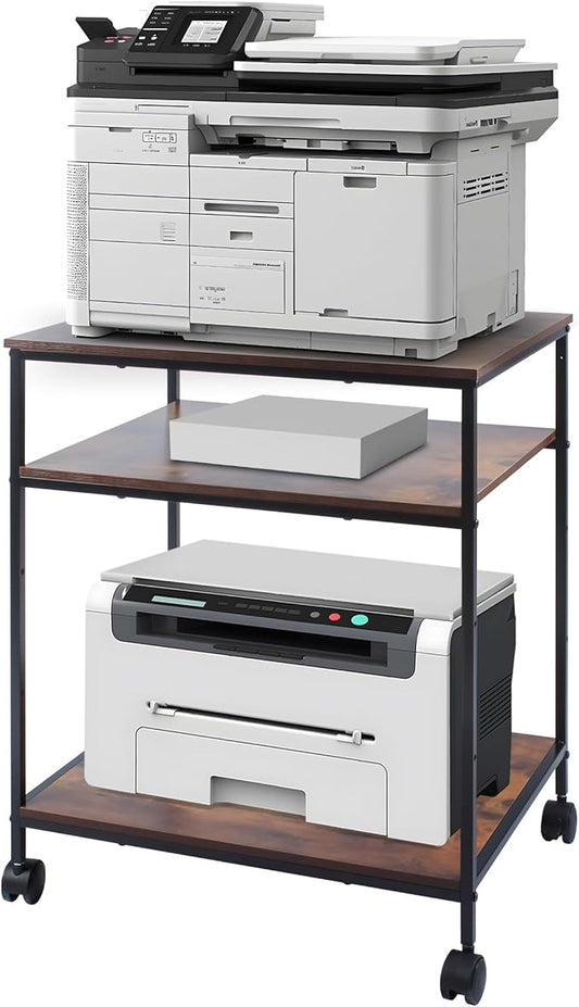 EMERIT 3-Tier Printer Stand for Laser/Inkjet/All-in-One - 23.6x18.9x31.5 Heavy Duty Cart w/Adjustable Shelves & Lockable Wheels, Storage for Scanner/Fax/Supplies - Industrial Home & Office