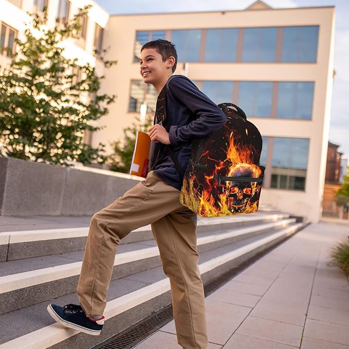 Flaming Skeleton Laptop Book Bag Daily Backpack Large Capacity Universal Waterproof Fire Skull Bags With Adjustable Straps Lightweight Breathable Leisure Travel Camping Backpack 15x11in