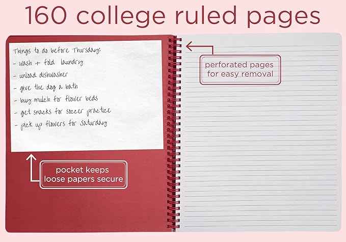 Steel Mill & Co Cute Large Spiral Notebook College Ruled, 11" x 9.5" with Durable Hardcover and 160 Lined Pages, Rose Floral