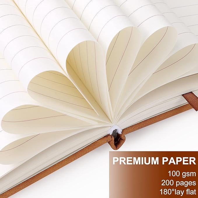 A5 Leather Journal Notebook with Pen, 200 Pages Hardcover Journal with Pocket, 100gsm Thick Lined Paper Daily Diary for Men and Women, Great Gift for Business School Travel Personal - Brown