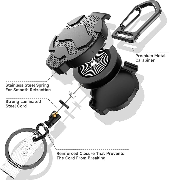 Retractable Keychain Badge Holder with Belt Clip, Heavy Duty Carabiner ID Badge Clip Reel, 32” Steel Retractable Cord, 10 oz Rebound，1pcs Black Keychain