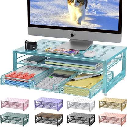 gianotter Computer Monitor Stand Riser, office organizer with Drawer, Office Organizers Storage for Classroom Office Supplies (Blue)