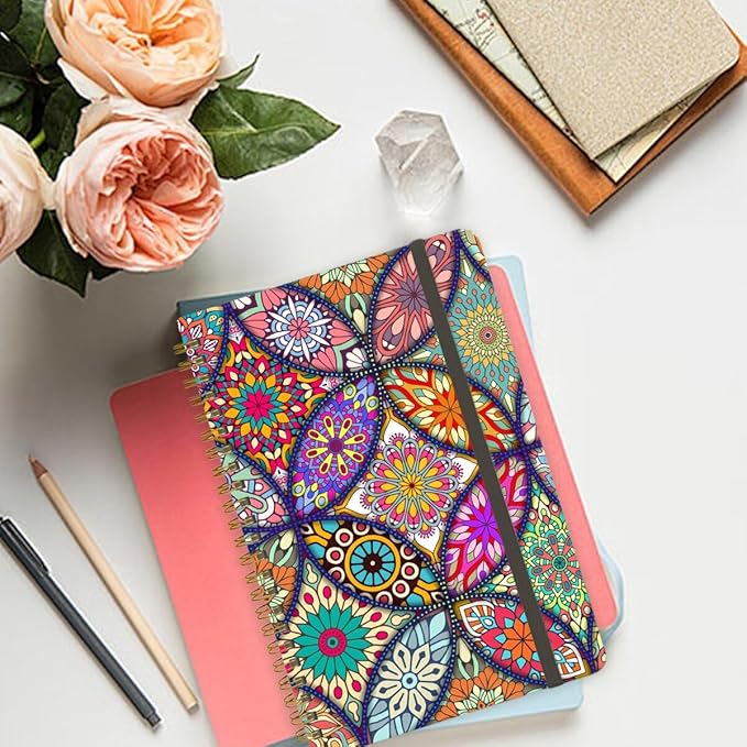 Spiral Notebook - A5 Spiral Notebooks, 8.3'' × 5.8'', 160 Pages, Aesthetic Journaling Notebooks for Women, College Lined Notebook with Elastic Closure, Back Pocket, for School Office, Bohemia
