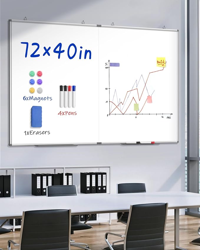 72"X 40" Large Magnetic Dry Erase Whiteboard, Removable Wall Hanging Board with 4 Pens & 1 Dry Erasers & 6 Magnets, Sliver Aluminum Frame White