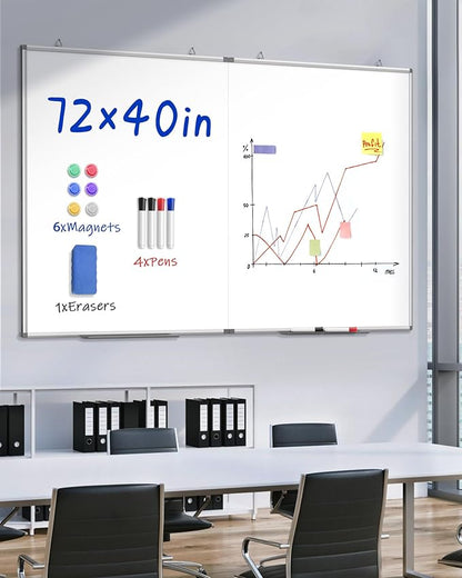 72"X 40" Large Magnetic Dry Erase Whiteboard, Removable Wall Hanging Board with 4 Pens & 1 Dry Erasers & 6 Magnets, Sliver Aluminum Frame White