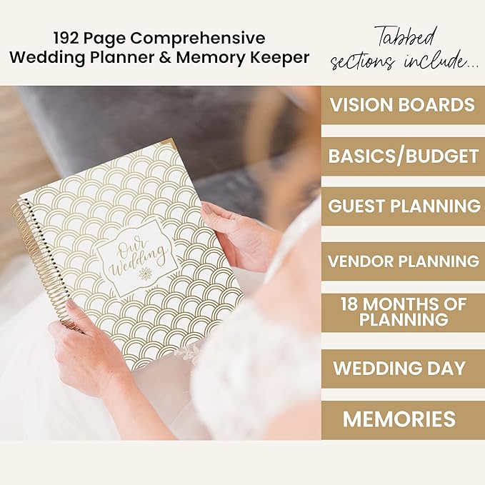 bloom daily planners Wedding Planner & Organizer/Hardcover Keepsake Journal with Essential Planning Tools - Checklists, Vision Boards, Tips & More - 9"x11" (Gold Scallops)
