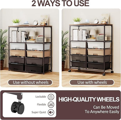 8 Drawers Rolling Storage Cart with Wooden Top, Multipurpose Utility Cart with Opening Shelf & Lockable Wheels, Storage Drawer Cart Organizer for Home Office Craft Room Classroom, Brown