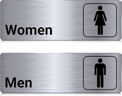Brushed Aluminum Restroom Signs, Men and Women Modern Restroom Sign, 9 x 3 Inch Bathroom Door Signage Decor for Offices Business Restaurants (2 Pcs)