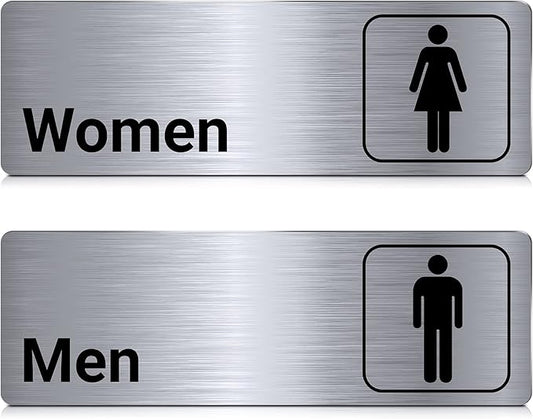 Brushed Aluminum Restroom Signs, Men and Women Modern Restroom Sign, 9 x 3 Inch Bathroom Door Signage Decor for Offices Business Restaurants (2 Pcs)