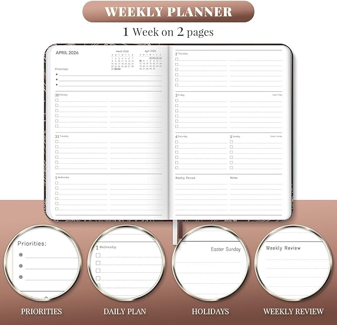 2026 Planner, 12 Month Weekly and Monthly Calendar 2026, Hardcover Daily Agenda Planners from Jan. to Dec, Habit Tracker Journal with Ribbon Bookmark 5.75" x 8.4"(Gold Flower)