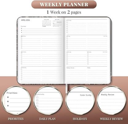 2026 Planner, 12 Month Weekly and Monthly Calendar 2026, Hardcover Daily Agenda Planners from Jan. to Dec, Habit Tracker Journal with Ribbon Bookmark 5.75" x 8.4"(Gold Flower)