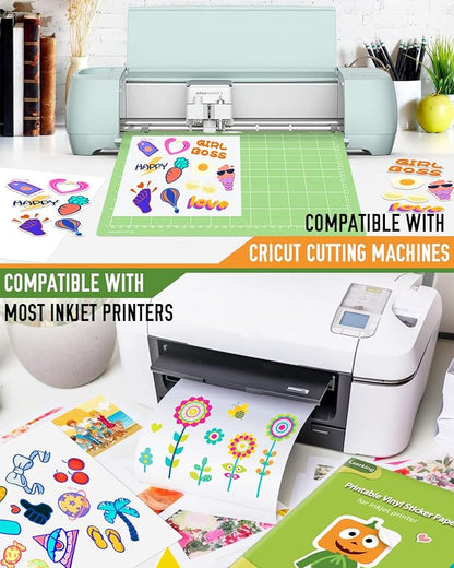 Lzerking Printable Vinyl Sticker Paper - 25 Sheets Matte White Self-Adhesive Waterproof Decal Printable Sticker Paper for Inkjet Printer - Standard Size 8.5x11 Inches DIY Crafts