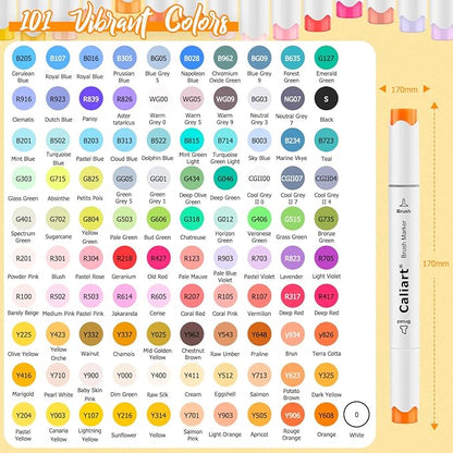 Caliart 101 Colors Brush & Chisel Alcohol Markers for Adult Coloring Book, Dual Tip Artist Sketch Art Markers, Aesthetic Cute Preppy Stuff School Supplies, Pens for Lettering Drawing Cards Planner