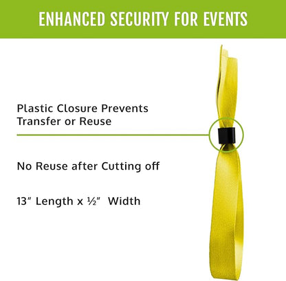 100 WristCo Yellow Cloth Event Wristbands – Plastic Closure to Prevent Transfer or Reuse – Premium-Grade Fabric Bracelets for Party Entry, Summer Camp, VIP Identification, Drink Ticket ID
