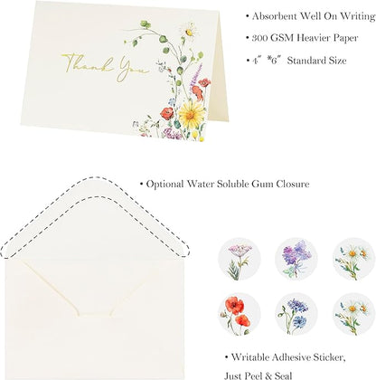 Crisky Floral 4 Assorted Thank You Cards (25 Pack) with Envelopes & Stickers Gold Foil Greeting Cards Bulk, Watercolor Wildflower for Birthday, Baby Shower, Wedding, Graduation