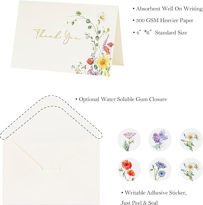 Crisky Thank You Cards 4 Assortment, Gold Foil Watercolor WildFlowers (100 Cards with Envelopes for Birthday, Baby Shower, Bridal Shower, Wedding, All Occasion)
