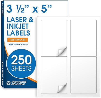 3 1/2" X 5" Matte White Printable Labels Compatible with Inkjet and Laser Printers - 250 Sheets, 1000 Stickers for Shipping, Mailing, and Organization - Spartan Industrial