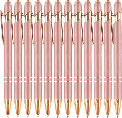 Ballpoint Pens with Stylus Tips，12 Pcs Rose Gold Retractable Metal Stylus Pen for Touch Screens, 1.0 mm Black Ink