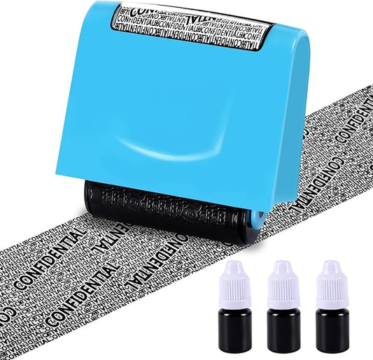 Identity Theft Protection Roller Stamp - Wide Confidential Roller Stamp with 3 Pack Refill Inks for Anti Theft Protection, Confidential Privacy Security, Address Blocker (Blue)