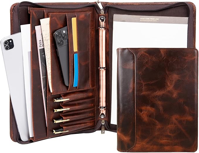 AZXCG Leather Portfolio with Zipper, 3 Ring Binder Resume Padfolio Folder, Professional Planner with A4 Notebook Holders, Business Document Organizer for 13.3" Laptop, Gift for Women/Men, Oil Wax