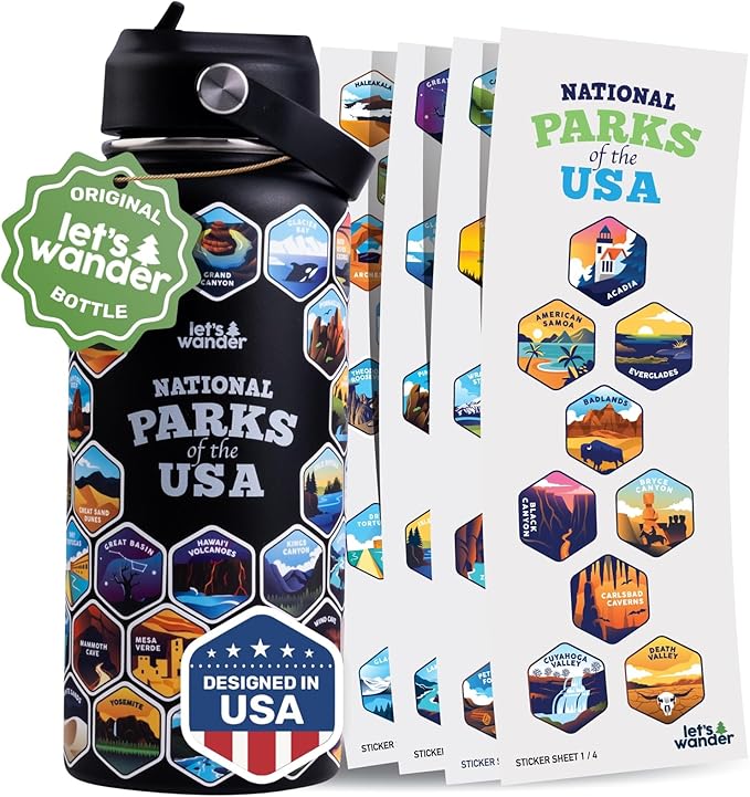LET'S WANDER Original Lets Wander National Parks Water Bottle with Waterproof Stickers - 32oz Leakproof Insulated Stainless Steel with Straw - Parks of the USA Bucket List Bottle [BLACK]