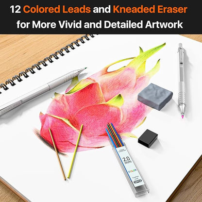 Four Candies Metal Mechanical Pencil Set, 3PCS Art Drafting Pencils 0.5, 0.7, 0.9MM & 2PCS 2MM Mechanical Drawing Pencils with 420PCS Leads (4B 2B HB 2H Color) for Writing Sketching Drawing (Silver)