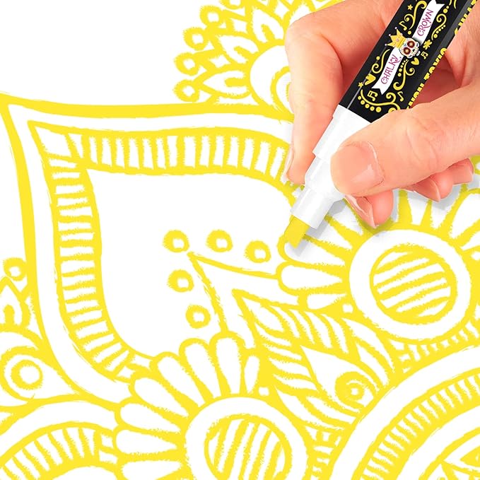 CHALKY CROWN Liquid Chalk Marker Pen - Dry Erase Marker - Chalk Markers for Chalkboard Signs, Windows, Blackboard, Glass - 6mm Reversible Tip (Yellow, 5 Pack)