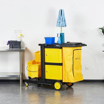 Restaurantware-Clean Tek Professional 3-Shelf Janitor Cart with Wheels, 1 Cleaning Trolley with Cover and 21 Gallon Bag - Includes 1 Double Locking Cabinet, Heavy-Duty, Gray Plastic Janitorial Cart
