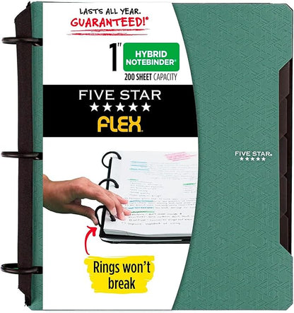 Five Star Flex Refillable Notebook + Study App, College Ruled Paper, 1 Inch TechLock Rings, Pockets, Tabs and Dividers, Seaglass Green (29328AQ8)