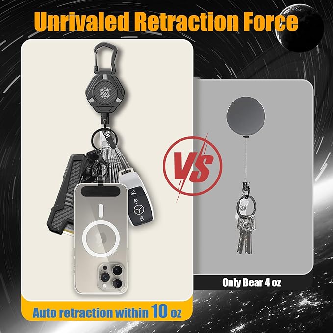 Oaridey Magnetic Retractable Keychain, Heavy Duty Carabiner Badge Holder with Phone Tether Tabs, Tactical ID Badge Reel with 31.8'' Coated Steel Cord and Lobster Clasp, Bearing 10.0 oz - 1 Pack