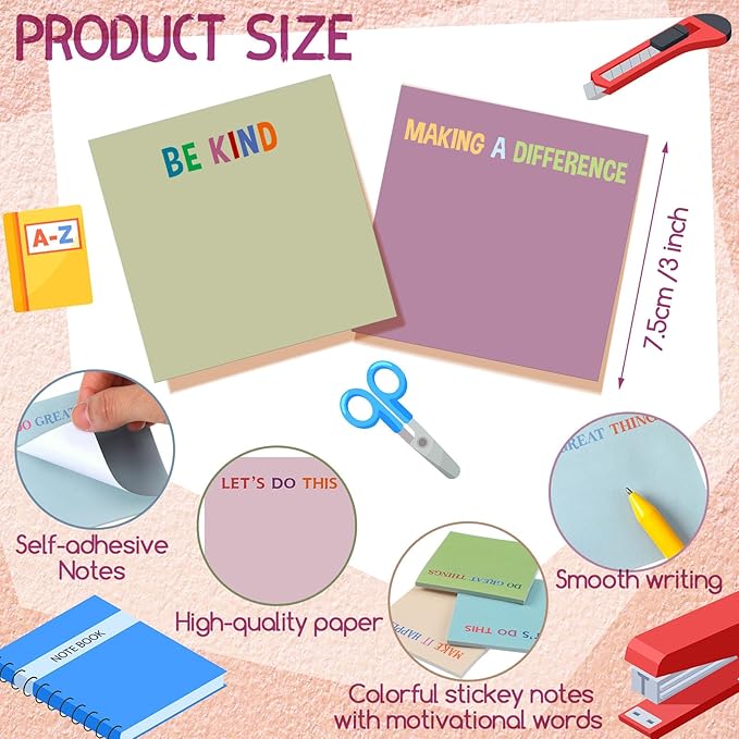 Yinder 24 Pcs Inspirational Sticky Notes with Lines Cute Motivational Sticky Notes Pad Employee Appreciation Gifts Bulk for Teacher Nurse Coworkers Office Supplies 3 x 3''(Morandi Color,Motivational)