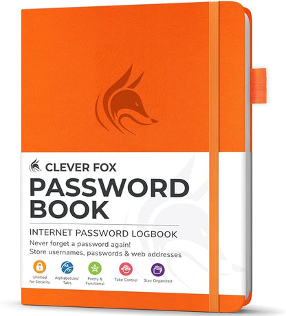 Clever Fox Password Book with Alphabetical tabs. Internet Address Organizer Logbook. Small Pocket Password Keeper for Website Logins (Orange)