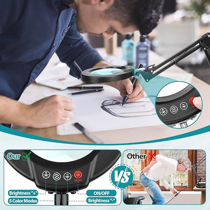 10X Magnifying Glass with Light and Stand, 2-in-1 Desk Lamp & Clamp Light, Seylae 5 Color Modes, Brightness Stepless Dimmable LED Lighted Magnifier Hands Free, Magnifier Lamp with Light for Close Work
