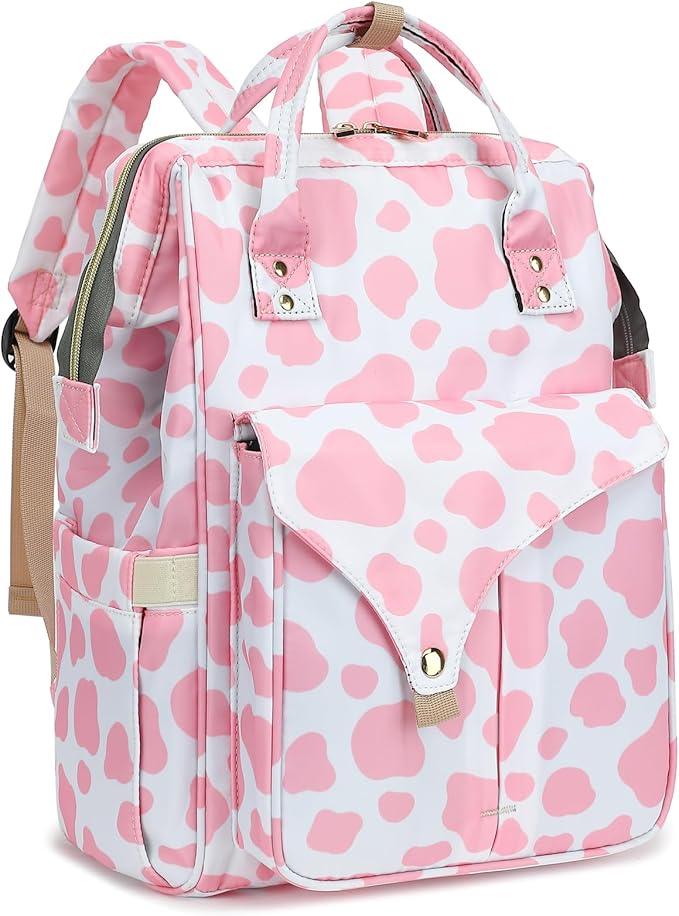 Cow Print Laptop Backpack College School Backpack Bookbags Nurse Backpacks Travel Bags for Women Girls Fits 15.6 Inch Notebook (Pink)
