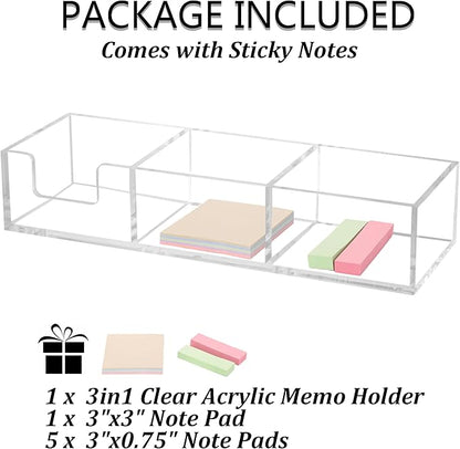 Acrylic 3in1 Sticky Note Holder Desk Organizer, 11.8" x 3.9" x 2.3" Self-Stick Memo Pad Dispenser for School Office Home Post Bank with 3 Compartments (DP003)