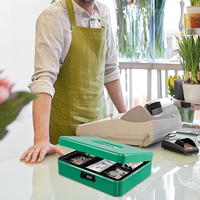 KYODOLED Metal Cash Box with Combination Lock Money Box for Cash Safe Metal Box with Money Tray for Security Lock Box 11.81"x 9.45"x 3.54" Green X Large