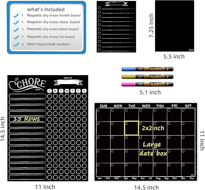 Magnetic Chalkboard Monthly Calendar - Reward Chore Chart Blackboard Combo Set with Neon Bright Liquid Chalk Markers - Bonus Grocery List and Notepad Blackboard for Refrigerator Included