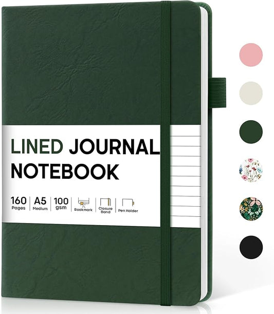 Lined Journal Notebook for Women & Men, Hardcover Leather Journal for writing, A5 College Ruled Notebook for Work & Note Taking, Perfect for Office School Home Supplies, 160 Pages, Dark Green