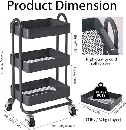 3-Tier Rolling Metal Storage Organizer,Mobile Utility Cart,Kitchen Storage Carts with Caster Wheels,Rolling Utility Cart Suitable for Office,Home,Kitchen,Garden（13.4"x18.1"x31"） Dark Grey