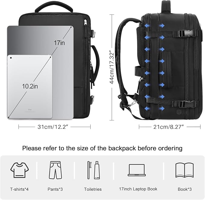 Large Carry-on Backpack for Men Women, Travel Backpack Flight Approved, Personal Item Backpack Bag on Airplanes, Black Backpacks for Traveling, Travel Essentials Must Haves