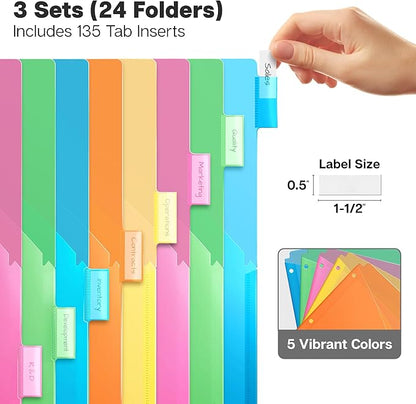 Dunwell 2-Pocket 8-Tab Divider Pockets, (3 Sets, 24 Count), 5 Colors, Plastic 8 Subject Notebook Tab Dividers for 3-Ring Binders, Includes Label Inserts, Durable Acid-Free Poly