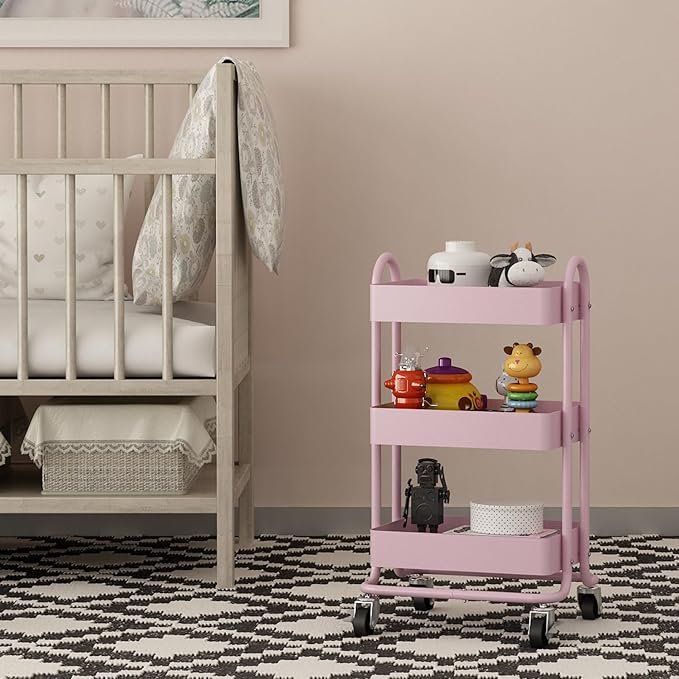 3-Tier Pink Utility Rolling Cart,Kitchen Storage Carts with Wheels,Pink Metal Rolling Cart for Office,Home,Kitchen,Garden（13.4"x18.1"x31"） Pink