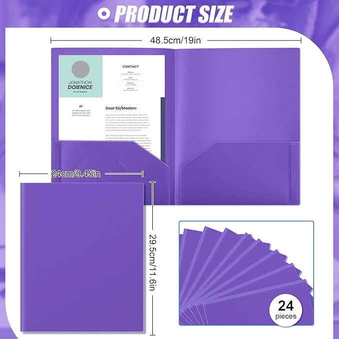 Gueevin 24 Pcs Plastic Folders with Pockets, Two Pocket Folder Fit Letter Size, Heavy Duty School Business Card Holder for Home Office School Bussiness, 11.61 x 9.45 Inches (Purple)