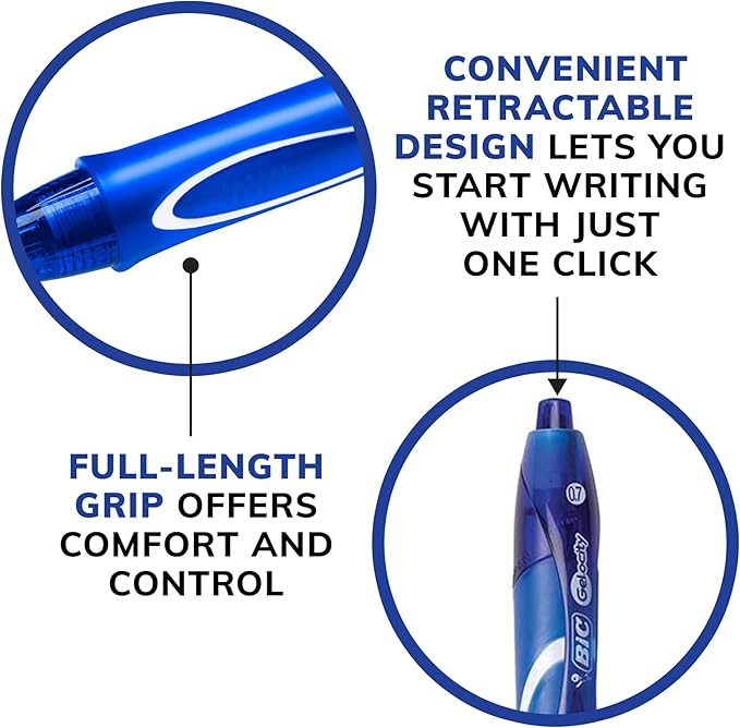 BIC Gelocity Quick Dry Blue Gel Pens, Medium Point (0.7mm), 12-Count Pack, Retractable Gel Pens With Comfortable Full Grip
