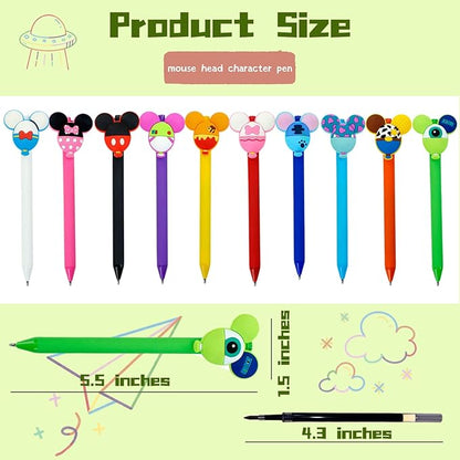 10pcs Mouse Head Character Ears Pens Set, Retr ctable Ballpoint Pen, Multi Color Jumbo Autograph Princess Pencil Signature Office Desk Stationary Accessories, Gift for Teacher Student