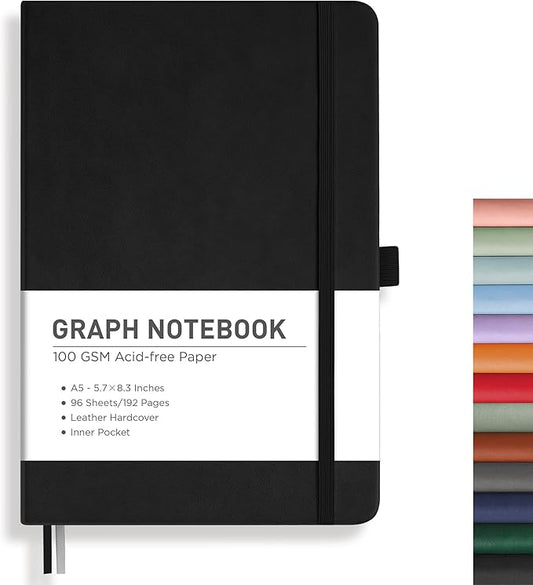 RETTACY Graph Paper Notebook, A5 Grid Notebook Journal with 192 Pages, 5.7'' × 8.3'', Medium Size, Leather Hardcover, 100 GSM Thick Paper, for Students, Homework, Math, Engineering (Black)