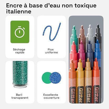 ARTISTRO 12 Glitter Paint Pens Sparkly and Shiny for Rock Painting, Stone, Ceramic, Glass, Wood, Fabric, Scrapbooking, DIY Craft Making, Coloring, Acrylic Glitter Markers, Medium Tip 3.0mm